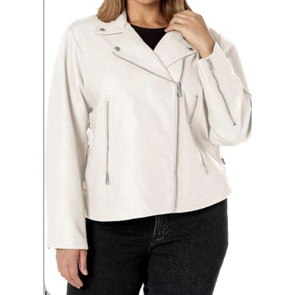Levi's & Strauss Women's Plus 2XL Cream Faux Leather Moto Biker Jacket Zip Short